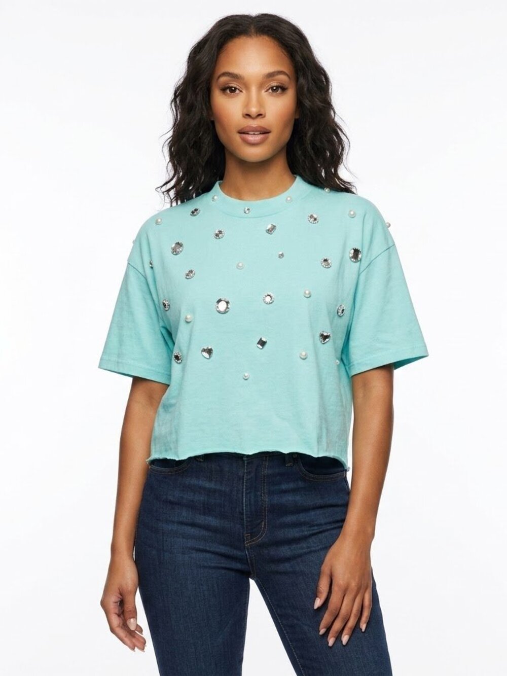 Vintage SWITZER Blue Bedazzled Pearl Gem Stone Embellished Tee XL